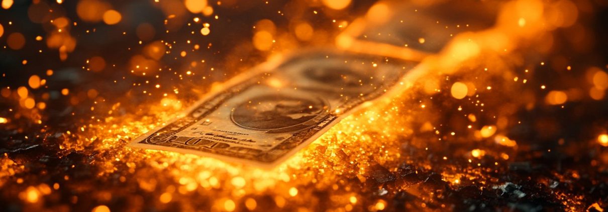 3 Notenbanken, mindestens 1 Problem: Öl macht die Pause teuer | Sonntagsespresso 25.10.2026 1 Ein Geldschein liegt inmitten von glühenden Funken und Flammen – symbolisch für den schleichenden Wertverlust durch Inflation.